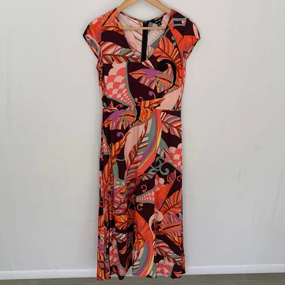 Saint + Sofia Jocelyn Cap Sleeve V-Neck Midi Dress Paisley Retro Red Palm Size 4 - Picture 3 of 16